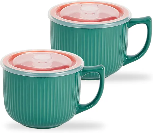 Miniatura 25 de Tazón de sopa de cerámica con asa de 32 onzas – Tazón de ramen para microondas con tapa, tazas y tazas de sopa para cereales, avena, ramen, fideos