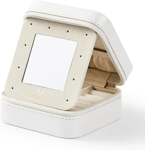 Vee - Caja pequeña de joyería de viaje, mini organizador de joyas con espejo, caja de joyería portátil para aretes, anillos, collares, pulseras,
