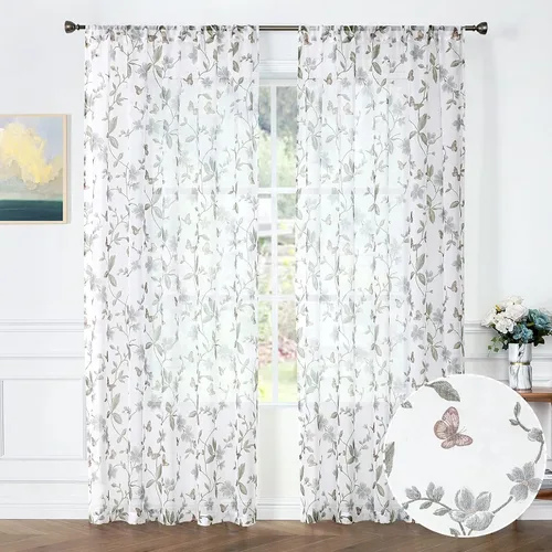 Miniatura 12 de Tollpiz - Cortinas cortas de gasa con estampado floral, con diseño de mariposas y flores azules, cortina de media ventana con bolsillo para barra
