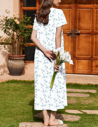 Miniatura 4 de Ekouaer Camisón para Mujeres de Algodón Camisón Largo de Noche Camisón de Manga Corta con Bolsillos Camisón con Botones Ropa de Dormir Suave