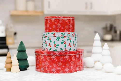 Miniatura 4 de Steel Mill & Co - Recipientes de lata con tapas, paquete de 3 latas de galletas de Navidad, latas festivas para regalos y golosinas navideñas, Copo