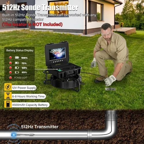 Miniatura 3 de Cámara de alcantarillado autonivelante de 165 pies/164.0 ft, transmisor integrado de 512 Hz, monitor HD 1080P de 10.1 pulgadas, impermeable IP68