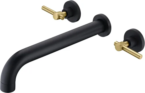 Miniatura 18 de Llenador de Bañera de Montaje en Pared Negro Mate Grifo de Bañera de Alto Flujo Dos Manijas Latón Sólido, Alcance de Caño Largo, sumerain