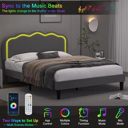 Miniatura 3 de VECELO Marco de Cama Full Tapizado con Cabecero Ajustable, Luces LED, USB-A y Tipo C, Cama Plataforma de Terciopelo Sin Ruido, Base de Colchón