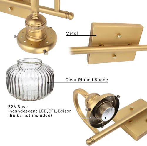 Miniatura 6 de Aplique de pared de vidrio de 2 luces con pantalla de globo a rayas transparentes, lámpara de pared de latón envejecido industrial para sala