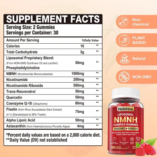 Miniatura 2 de Suplemento liposomal NMNH gomitas de 1000 mg - Suplemento NAD para aumentar NAD+ para hombres y mujeres - Mezcla de ribósido de nicotinamida