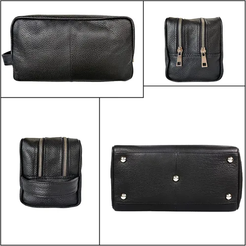 Miniatura 5 de Estuche hecho a mano de piel de búfalo auténtico. Neceser para juego de rasurar y cuidado personal para viaje ~ Regalo para hombres y mujeres., Negro