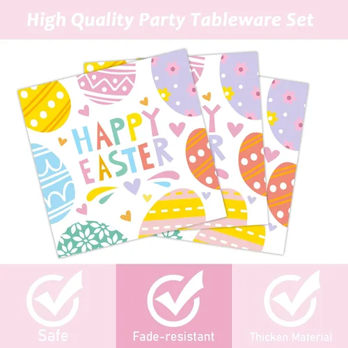 Miniatura 3 de Tevxj Juego de vajilla de Pascua de 96 piezas con forma de huevo de conejo, platos de papel desechables coloridos para cacería de huevos de Pascua