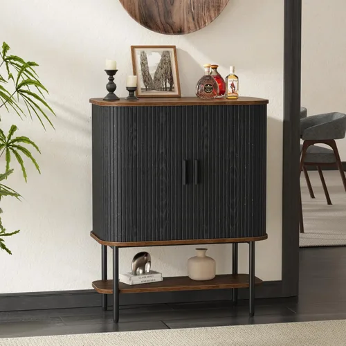 Miniatura 3 de FiveWillowise Gabinete de Bar de Café Negro con Almacenamiento, Gabinete de Licores y Vinos Acanalado con Puertas Corredizas, Portavasos
