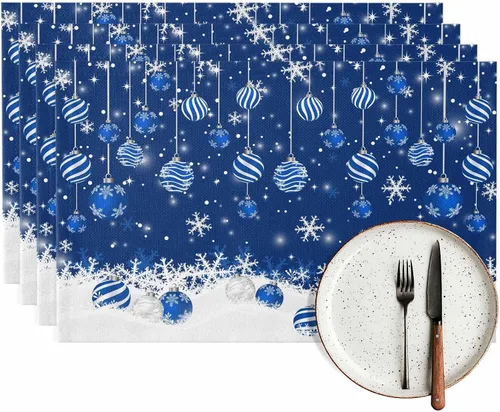 Miniatura 9 de Juego de 6 manteles individuales de mesa de Navidad, manteles individuales de algodón y lino antideslizantes lavables, bolas de Navidad, copos