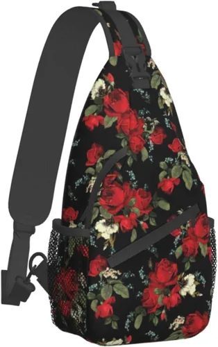 Junong Bolso bandolera bandolera para viajes, senderismo, pecho, mochila deportiva para mujeres y hombres, Patrón floral de rosas rojas