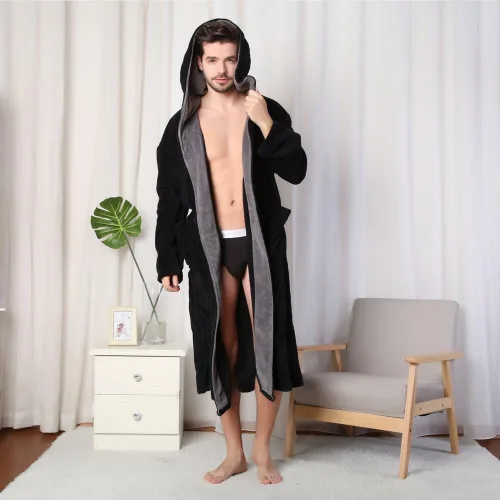 Miniatura 5 de KEMUSI Bata suave tipo herringbone con capucha para hombre, bata de spa de longitud completa, cómoda y cálida de noche