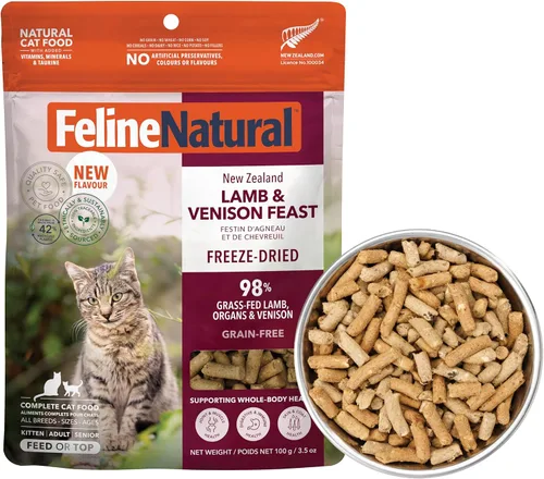 Miniatura 15 de Alimento para gatos seco de alta proteína de Feline Natural, dieta liofilizada con 98% carne, órganos y mariscos, sin guisantes, granos o aditivos