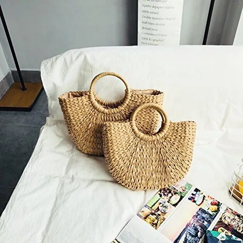 Miniatura 7 de Bolso Hobo grande de paja tejida a mano para mujer, con asa redonda, anillo Toto Retro Summer Beach Straw Bag