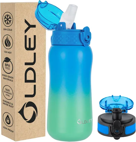 Miniatura 48 de Botella de agua aislada Oldley de 12 oz con pajita, botella de agua de acero inoxidable con 2 tapas, botellas de doble pared con vacío para adultos
