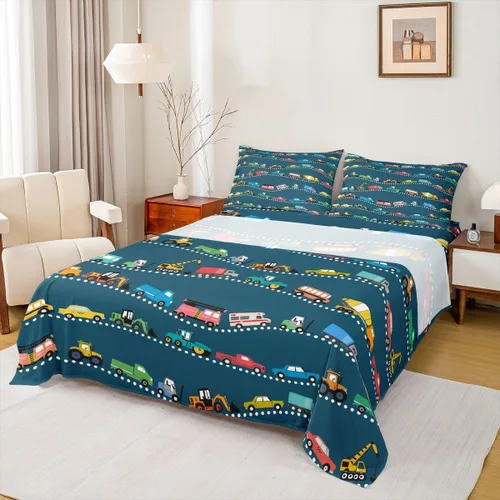 Miniatura 19 de Erosebridal Juego de sábanas de automóvil de dibujos animados para niños, juego de ropa de cama de camiones, tamaño individual, sábana bajera
