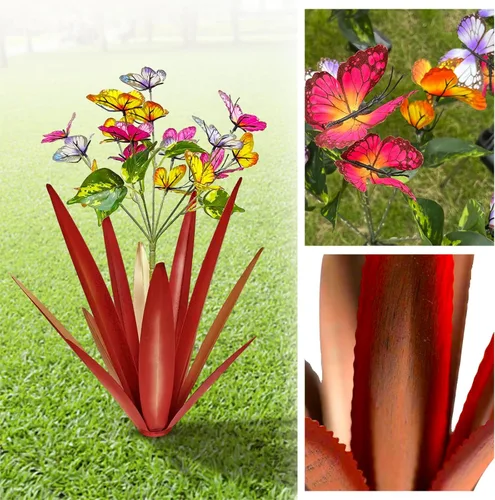 Miniatura 4 de TOMBABY Mariposa de Jardín Exterior Agrandada Engrosada Resistente al Viento Metal Agave Arte de Jardín Metal Planta Escultura de Campo Estatua Rojo