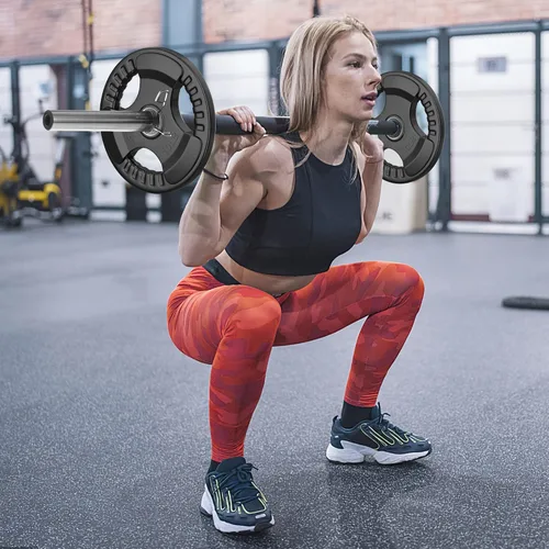 Miniatura 7 de Holleyweb Placas de peso olímpicas de goma, placas de agarre de hierro fundido de 2 pulgadas, placas de parachoques para entrenamiento de fuerza