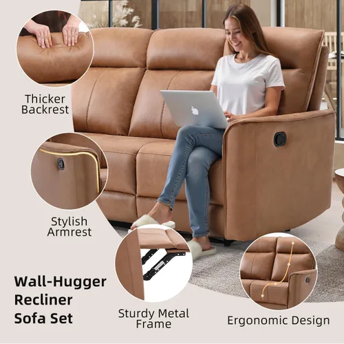 Miniatura 3 de CANMOV Juego de muebles de sofá reclinable manual para sala de estar, incluye sillas de enfermería Leathaire, reclinables giratorias, sillón