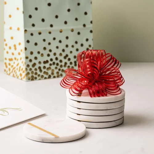 Miniatura 6 de Cork & Mill Juego de 6 posavasos de mármol, decoración moderna y estética de lujo para mesa de café, mármol blanco con incrustaciones de latón