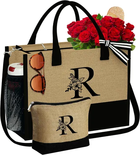 YOOLIFE Bolsa de yute con inicial, bolsa de maquillaje, bolsa de playa con cremallera, bordado monograma, regalos de cumpleaños para mujeres