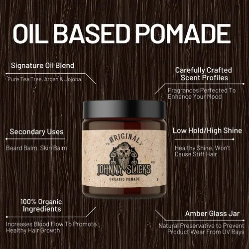 Miniatura 5 de Johnny Slicks Pomada a base de aceite Peinado orgánico para hombres, fijación baja a media Promueve el crecimiento saludable del cabello y ayuda