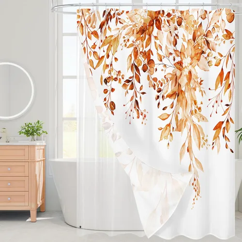 Miniatura 68 de Gibelle - Cortina de ducha de eucalipto marrón, hojas de plantas de acuarela con diseño floral, juego de cortina de ducha con ganchos, 72 x 72
