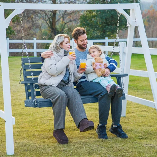 Miniatura 7 de KINGYES Columpio colgante para porche al aire libre, silla de columpio de patio de 2 asientos con portavasos, banco impermeable para patio y jardín