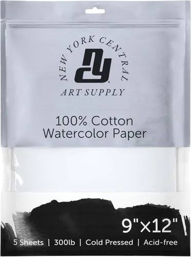 New York Central Papel de acuarela - 9 x 12 pulgadas, 1 paquete de 5 hojas, prensa en frío de 300 libras, 100% algodón, sin ácidos, calidad de