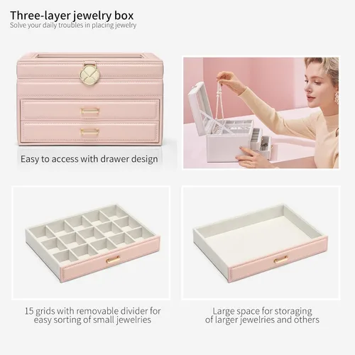 Miniatura 2 de Vlando Joyero para niñas y mujeres, organizador de joyas con tapa de vidrio con 2 cajones para regalos, almacenamiento grande de 3 capas