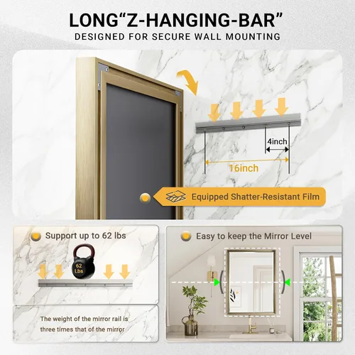 Miniatura 4 de Espejo de baño dorado, espejo de baño dorado cepillado de 22 x 30 pulgadas, borde biselado, espejo rectangular de tocador de baño con marco de metal