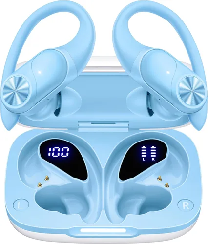 PocBuds - Auriculares Bluetooth inalámbricos con 80 horas de reproducción, estuche de carga inalámbrica, pantalla digital, auriculares deportivos