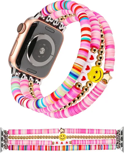 Miniatura 11 de TOYOUTHS Pulsera con cuentas Heishi compatible con Apple Watch para mujeres, niñas y niños, linda pulsera elástica de arcilla, pulsera apilable