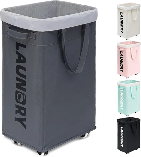 Goodpick Cesta de lavandería con ruedas, cesta para la ropa sucia con bolsa de lavado extraíble, cesta de ropa sucia rodante, artículos esenciales