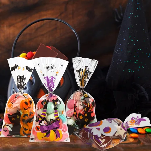 Miniatura 7 de DIYASY Paquete de 180 bolsas de celofán de Halloween, bolsa de plástico para dulces para niños, bolsas transparentes para aperitivos, recuerdos