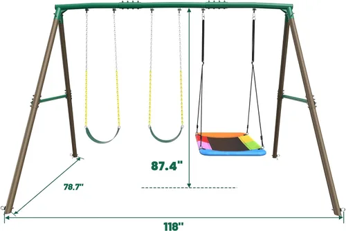 Miniatura 6 de Hapfan Juego de columpios de 2.22m de alto, juego de columpios de metal resistente con 3 columpios para patio trasero, juego de juegos para niños