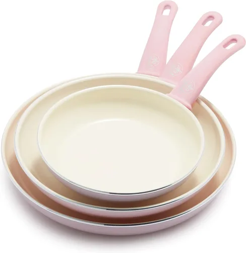 GreenLife Soft Grip Healthy Ceramic Antiadherente, juego de sartenes de 8, 10 y 12 pulgadas, sin PFAS, apto para lavavajillas, rosa suave