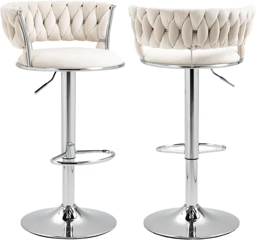 Miniatura 22 de Juego de 2 taburetes de bar giratorios de terciopelo, modernos taburetes de bar ajustables con respaldo tejido, taburete de bar de altura