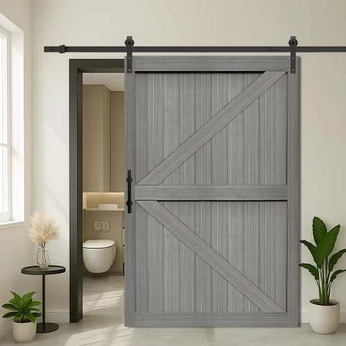 Miniatura 15 de S&Z TOPHAND® Puerta de granero doble de MDF de 18 x 84 pulgadas con kit de herrajes para puerta corredera de 6 pies, tablero sólido de puerta