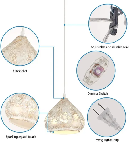 Miniatura 6 de YLONG-ZS Lámpara colgante bohemia con forma de pug, luz colgante de enchufe blanco de 16 pies, cable regulable, luz colgante de cristal