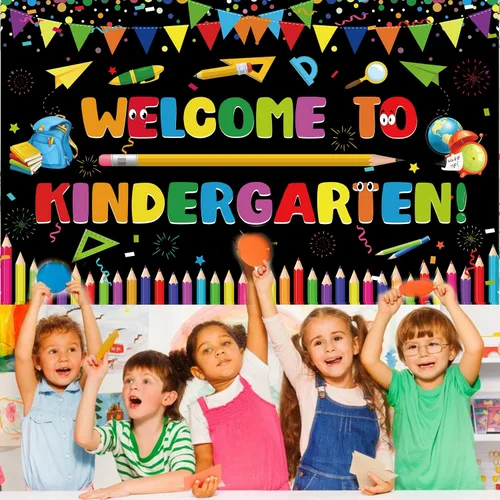 Miniatura 3 de Fondo de fiesta para el primer día de escuela de jardín de infantes, colorido cartel de bienvenida al jardín de infantes, primer día de preescolar