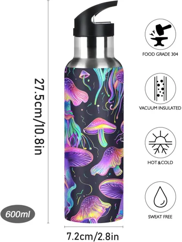 Miniatura 9 de Insulated Stainless Steel Water Bottle with Straw 32 Oz, Leakproof Water Bottles for Gym Outdoor Travel School, Psychedelic Mushrooms Purple