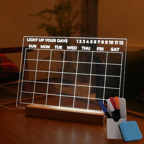 Calendario de Borrado en Seco con Luz, 13"x9", Pizarra Blanca Iluminada con Alimentación USB, Incluye 4 Marcadores y Borrador, Planificador Mensual,