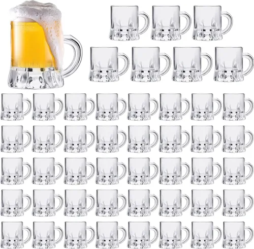 Meanplan Juego de 48 mini tazas de cerveza a granel, vasos de chupito de 1 onza pequeña transparente con asas, mini tazas de whisky de degustación