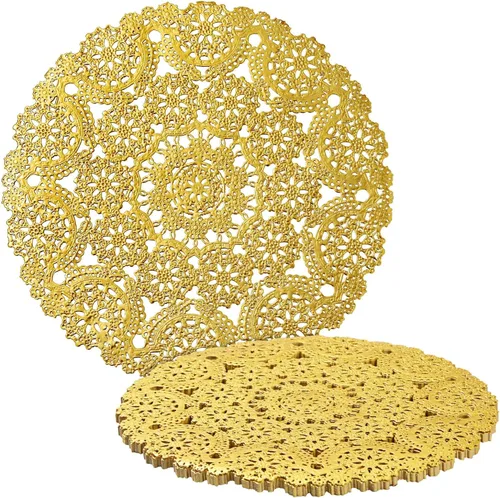 Juvale Paquete de 60 unidades de doilies de papel dorado de 10 pulgadas para mesa de comedor, manteles individuales redondos decorativos con diseño