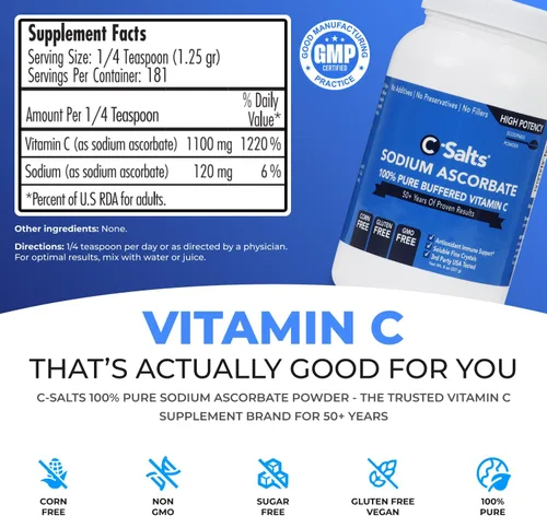 Miniatura 2 de C-Salts Polvo de vitamina C de ascorbato de sodio puro, bebida en polvo tamponada no ácida sin azúcar para hidratación y apoyo inmunológico