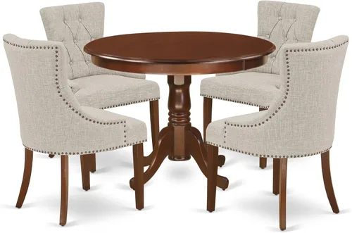 Miniatura 15 de East West Furniture HLFR3-LWH-18 - Juego de mesa y sillas de cocina de 3 piezas contiene una mesa redonda de comedor con pedestal y 2 sillas Parson