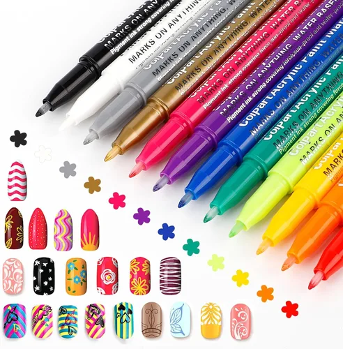 colpart Juego de bolígrafos de arte de uñas, marcadores de pintura acrílica de 12 colores, esmalte de uñas y bolígrafos de pintura acrílica para