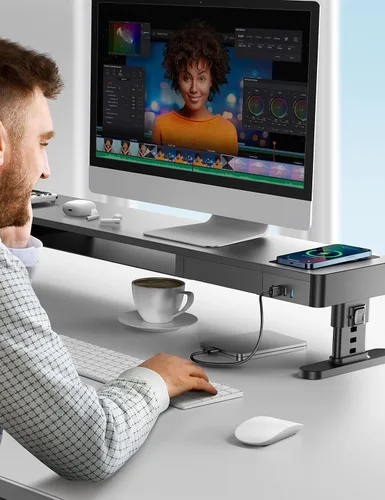 Miniatura 6 de meatanty Soporte de Monitor Doble con 4 Alturas Ajustables, Almohadilla de Carga Automática para Teléfono, 4 Puertos USB, Elevador de Computadora