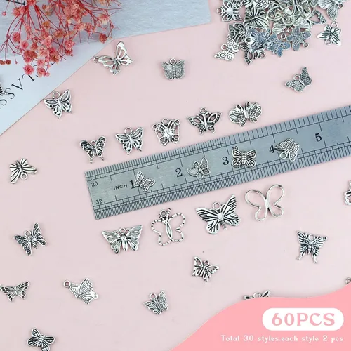 Miniatura 3 de JIALEEY Dijes de mariposa para hacer joyas y manualidades, 60 dijes de mariposa chapados en plata tibetana, aleación, Aleación.